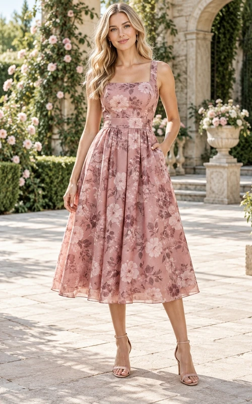 Dusty Rose Floral Print Square-Neck Sleeveless Pocket Tea-Length Chiffon Guest Dress