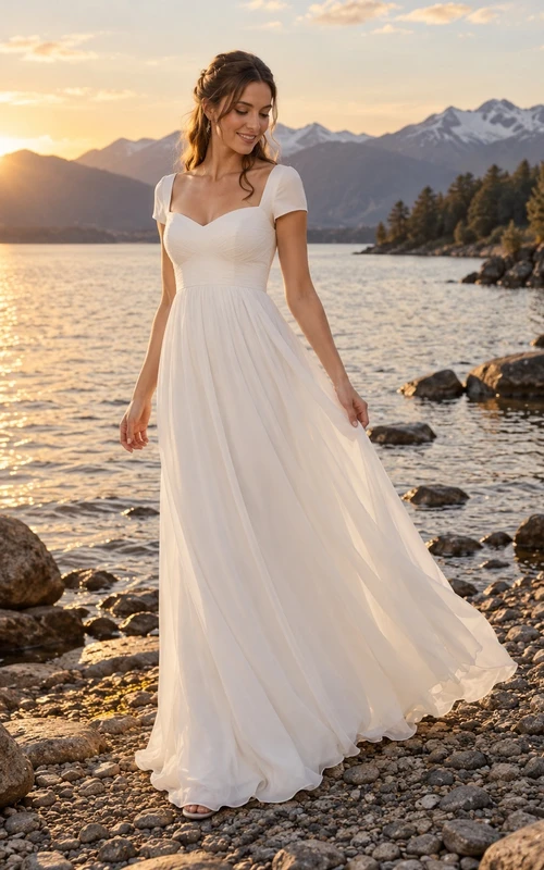 Vestido de novia de gasa de corte A con escote corazón, manga corta, corpiño fruncido y falda fruncida.