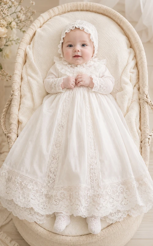 Vestido modesto para ceremonia de bautizo de bebé, corte en A, largo hasta los tobillos, cuello joya, manga larga, tul, encaje, espalda abotonada.