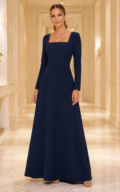Vestido de noche clásico de crepé azul marino oscuro, manga larga, corte en A, largo hasta el suelo, para madres.