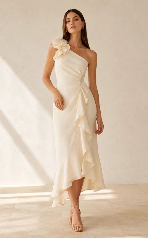 One shoulder floral ruffle asymmetrical courthouse wedding dress