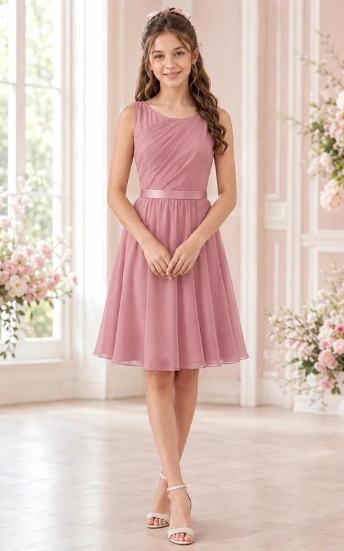 Vestido de dama de honor juvenil color rosa empolvado, corte en A, sin mangas, con detalles plisados y detalles joya.