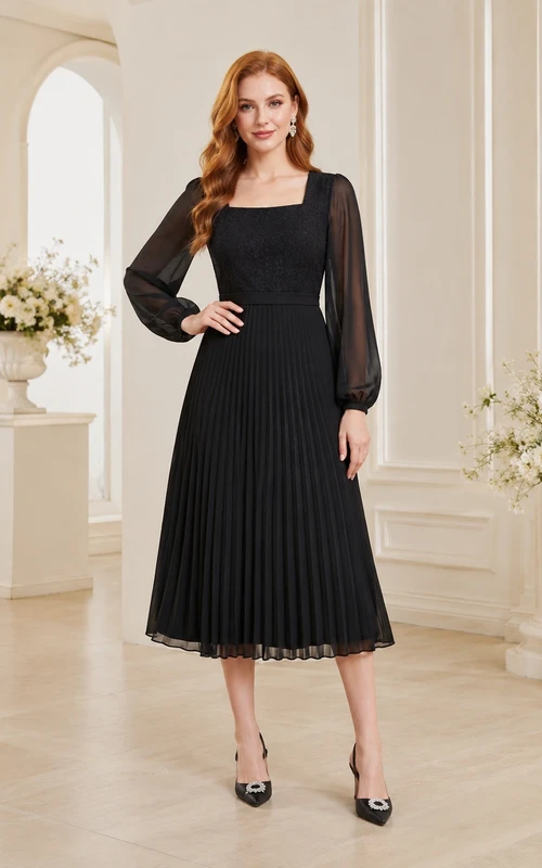 Black Chiffon Square Neck Illusion Long Sleeve Pleated Tea-length A-Line Dress