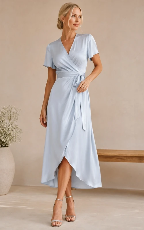 Zweites Hochzeitskleid aus blauem Satin mit Wickeloptik, V-Ausschnitt, kurzen Ärmeln und asymmetrischem Saum in A-Linie