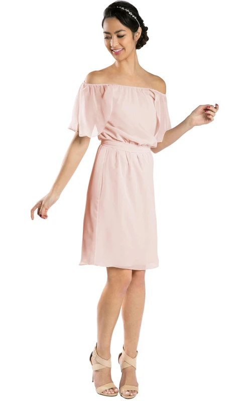 Knielanges, schulterfreies Chiffon-Brautjungfernkleid mit Schleife, kurzen Ärmeln und mehrfarbigem Design, wandelbar in verschiedenen Farben