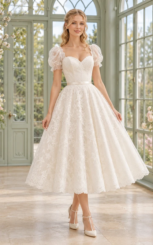 Robe de mariée trapèze en tulle et dentelle florale à manches bouffantes et décolleté cœur