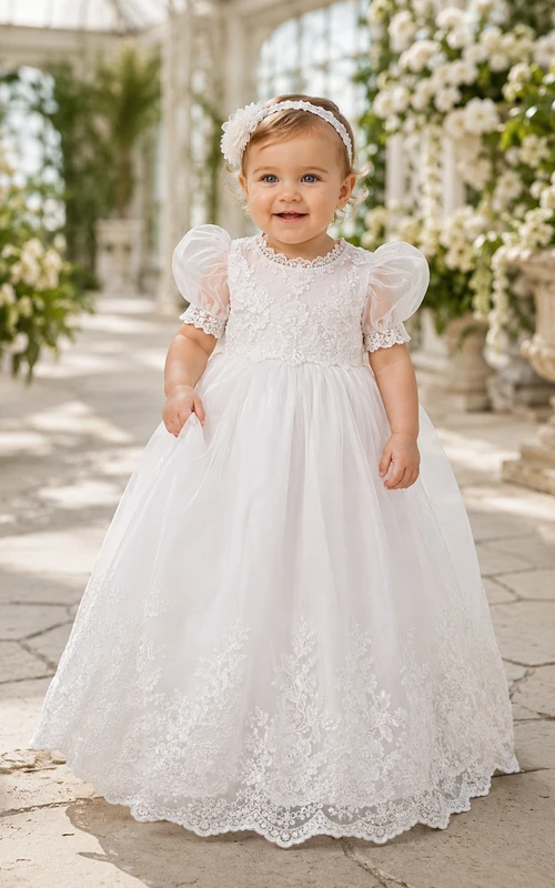 Puff Sleeve Baptism Gown A-Line Lace Tulle High Neck Scalloped Hem