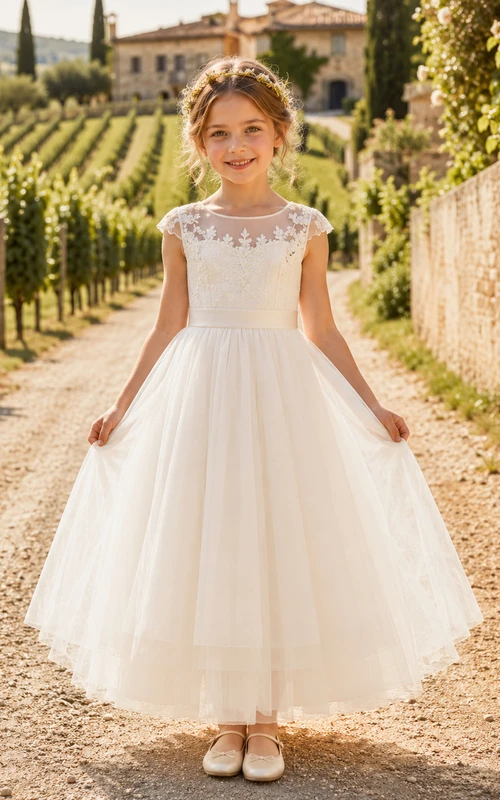 Elegante y modesto vestido de niña de las flores, cuello alto, manga corta, encaje, tul, largo hasta la rodilla, lazo de cinta en la parte trasera.