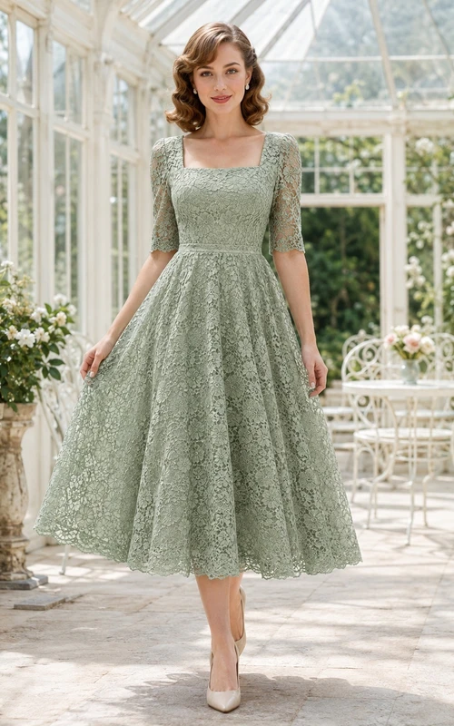 Vestido de jardín vintage color verde salvia con cuello cuadrado, manga corta y encaje, corte en A, largo hasta la rodilla.