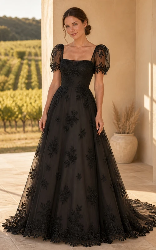 Black Romantic Puff Applique A-Line Square Neck Short Sleeve Floor-length Evening Dress