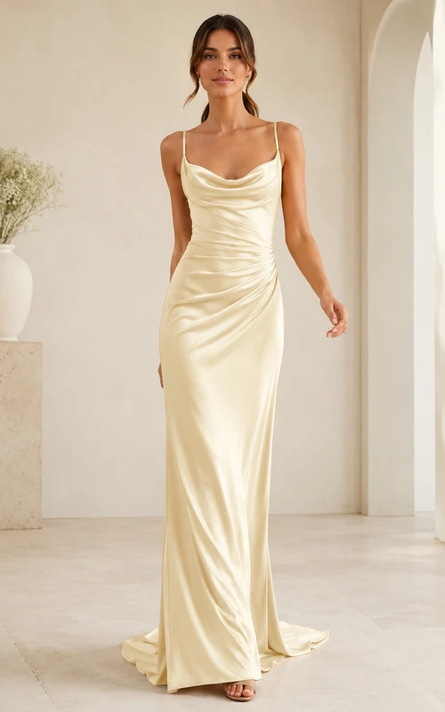 Vestido de novia de satén color amarillo narciso con cuello drapeado, tirantes finos y cola larga.
