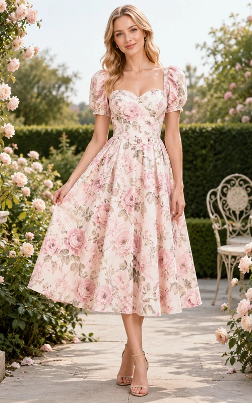 Pink floral sweetheart puff sleeve botanical tea dress