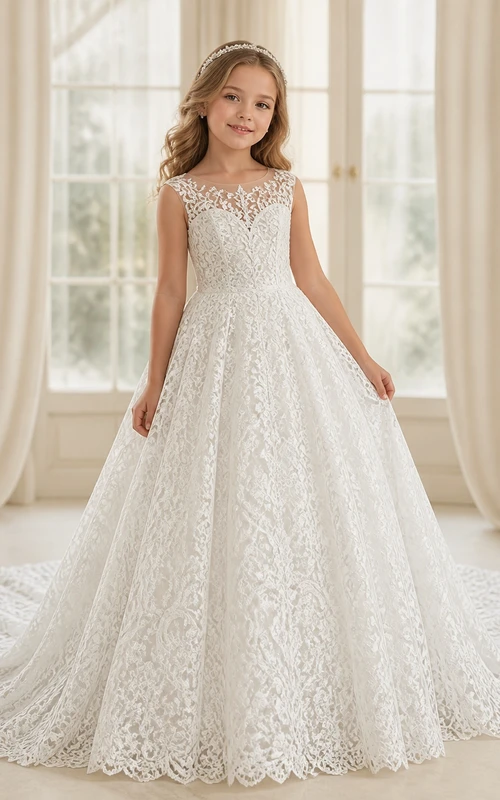 Princess A-Line Scoop Sleeveless Floral Lace Cathedral Train Flowergirl Dress