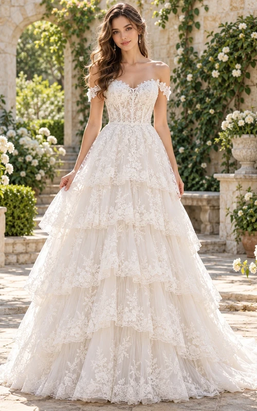 Tiered Off Shoulder Corset Floral Lace A-line Train Wedding Dress