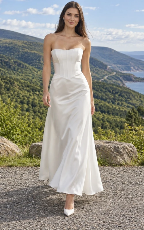 Schlichtes, trägerloses Brautkleid aus Satin mit abgesetztem Oberteil und drapiertem, knöchellangem Etuirock