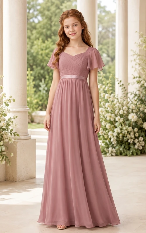 Vintage-Brautjungfernkleid in Mauve, A-Linie, Rundhalsausschnitt, kurze Ärmel, plissiert
