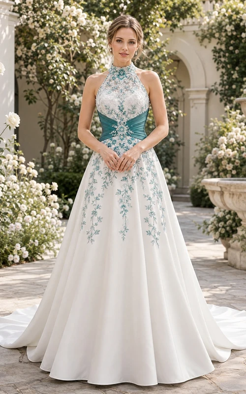 Türkisfarbenes, besticktes, halterloses Satin-Brautkleid in A-Linie mit Kapellenschleppe – schlichtes Brautkleid