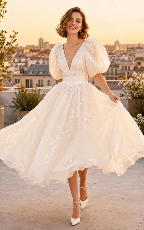 Robe de mariée moderne en mousseline de soie, décolleté en V profond, coupe trapèze bouffante, plis thé, dos nu et finitions soignées