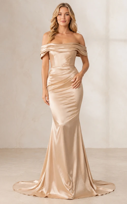 Elegantes, bodenlanges, champagnerfarbenes Meerjungfrauen-Kleid aus Satin mit schulterfreiem Schnitt und kurzen Ärmeln