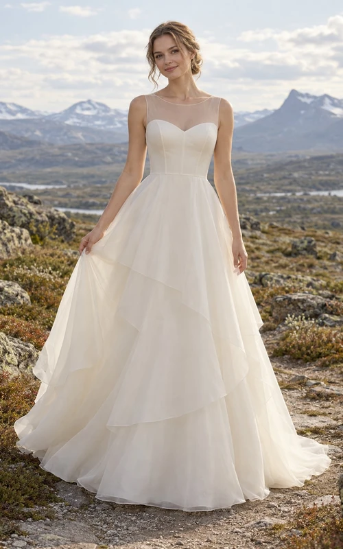 Vestido de novia de organza sin mangas con cuello alto, corte en A, canesú ilusión y falda de capas.