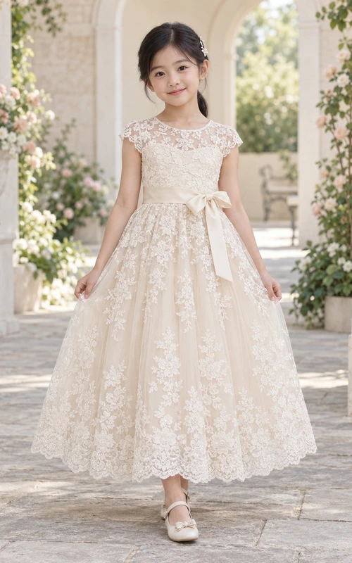 Vestido de niña de flores modesto, de corte A, color marfil, con estampado floral, encaje, mangas cortas y fajín, hasta la rodilla.