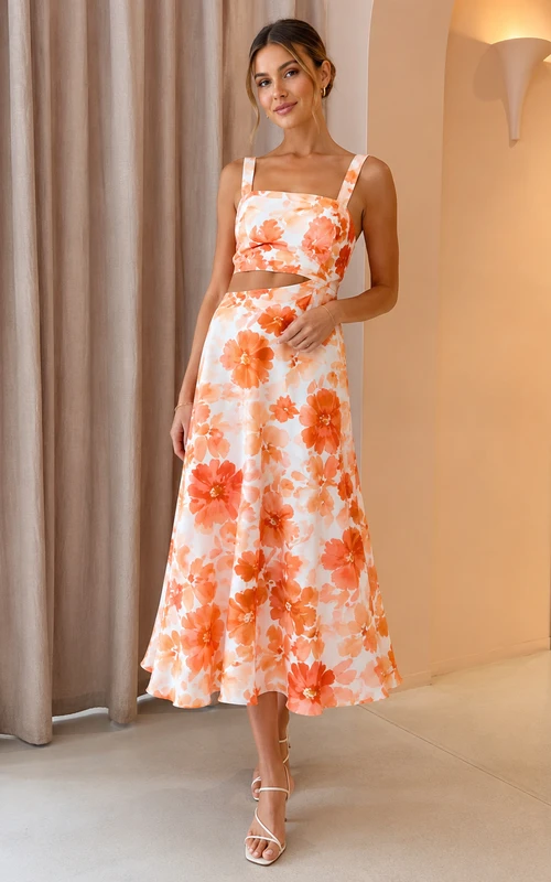 Robe trapèze à fines bretelles et imprimé floral orange, longueur midi