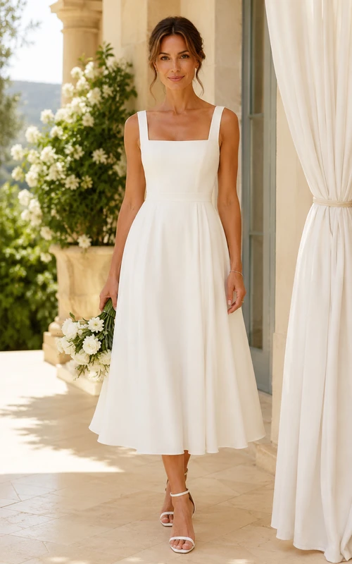 Ivory Tea-length Square Chiffon A-line Wedding Dress with Pleats