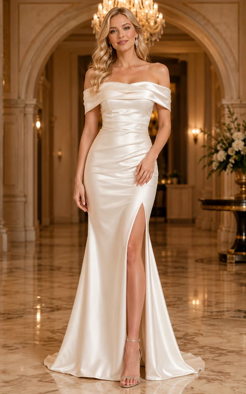 Pearl Off Shoulder Satin Mermaid Slit Dress