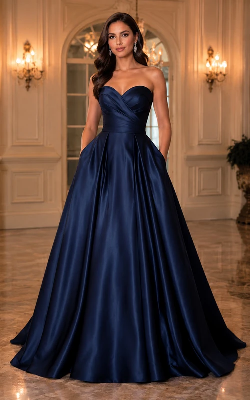 Dunkelblaues, trägerloses Ballkleid aus Satin