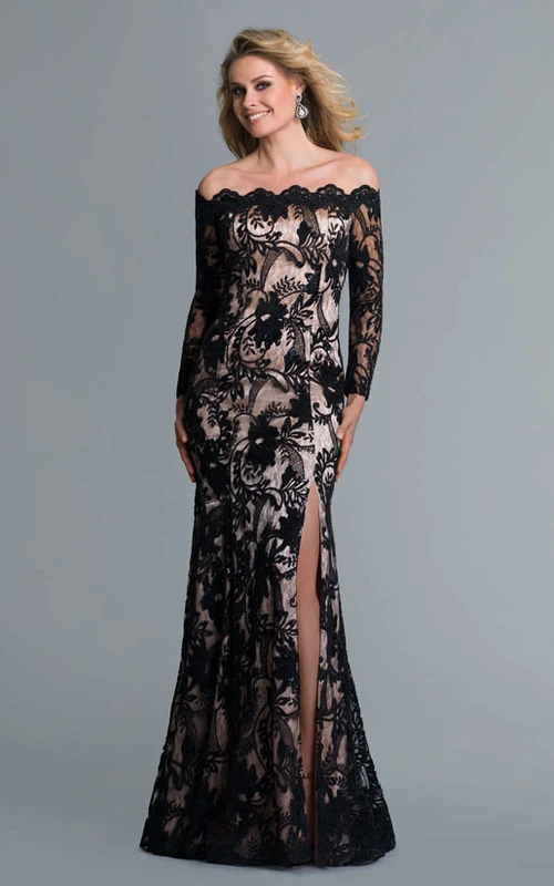 Robe fourreau maxi à épaules dénudées, manches longues, en dentelle, fermeture éclair et fente sur le devant