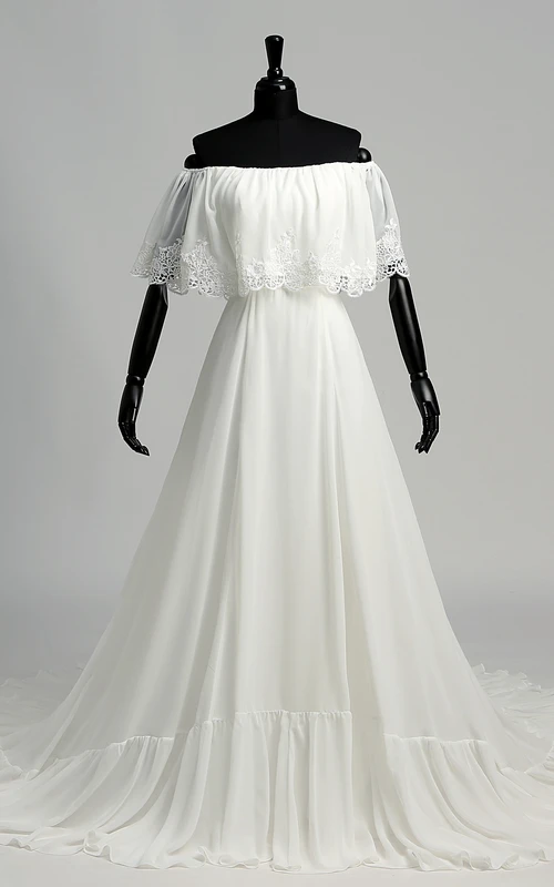 Vestido de novia de gasa sin mangas, corte en A, con hombros descubiertos y cola de capilla.