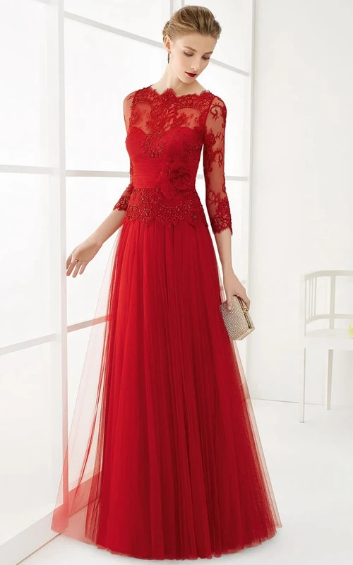 Langes, appliziertes A-Linien-Abendkleid aus Tüll mit 3-4-Ärmeln, Rundhalsausschnitt und Blumenmuster