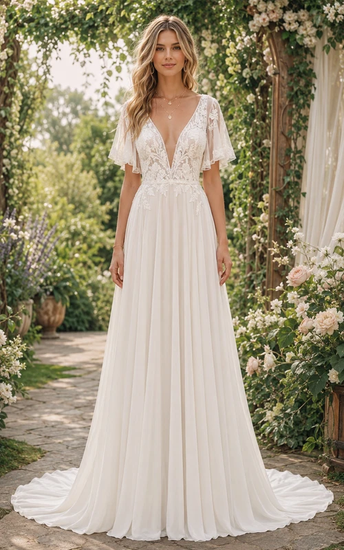 Simple A-Line Wedding Dress Short Sleeve V-Neck Lace Chiffon Floor Length Sweep Train Ivory