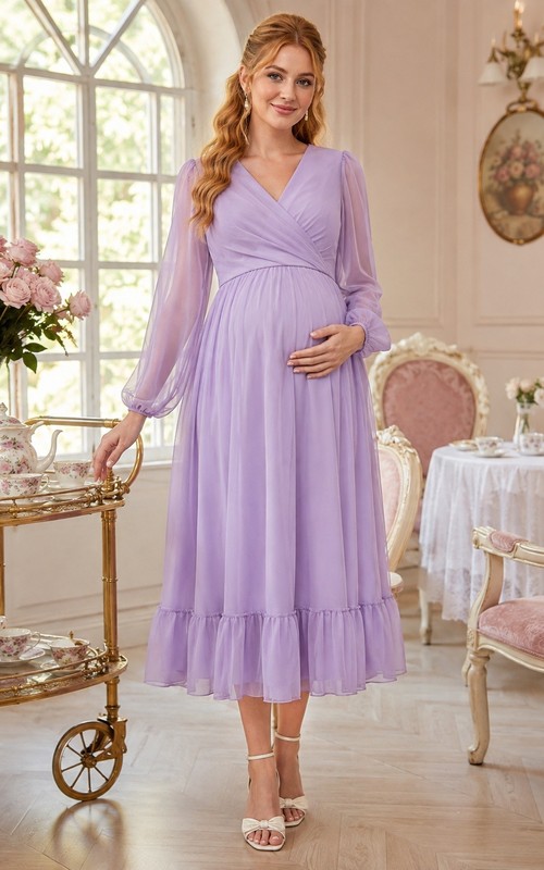 Lavender High Neck Long Sleeve Empire Maternity Chiffon Midi Dress
