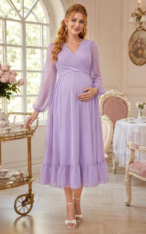 Lavendelfarbenes Umstandskleid aus Chiffon mit Stehkragen, langen Ärmeln und Empire-Länge, Midi-Länge.
