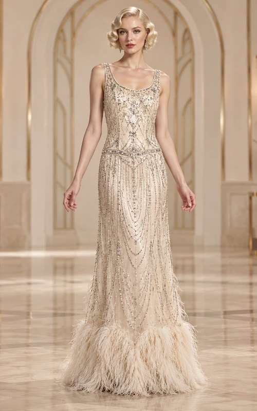 Robe de soirée longue champagne des années 1920, col rond, ourlet en plumes et perles