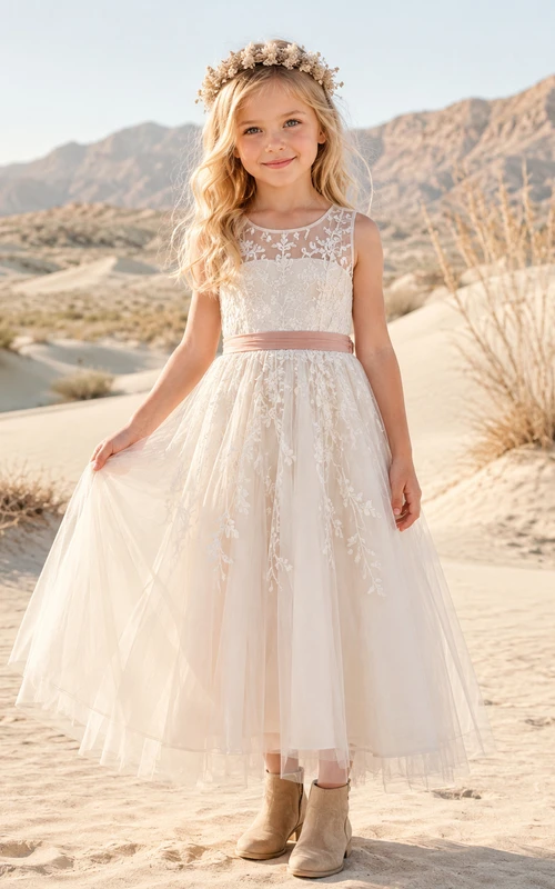 A-Line Flowergirl Lace Tulle Floor-Length Sleeveless Floral Applique Desert Elopement Wedding Dress