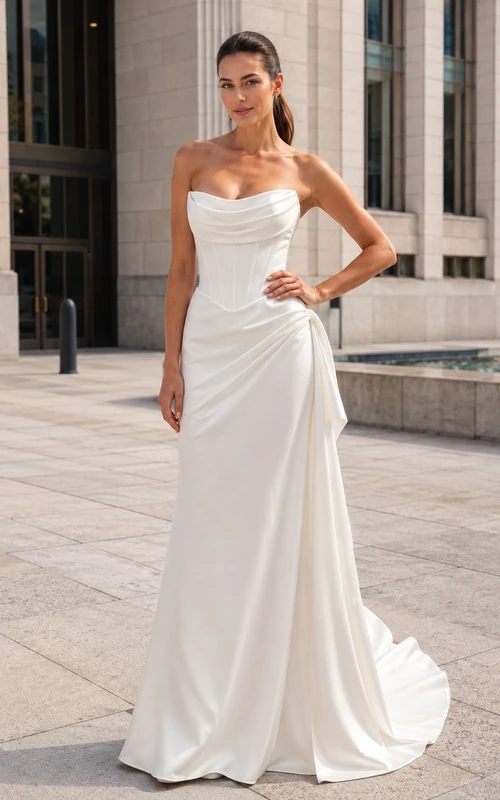 Vestido de novia blanco sencillo, elegante, con escote halter y corte en A, drapeado.
