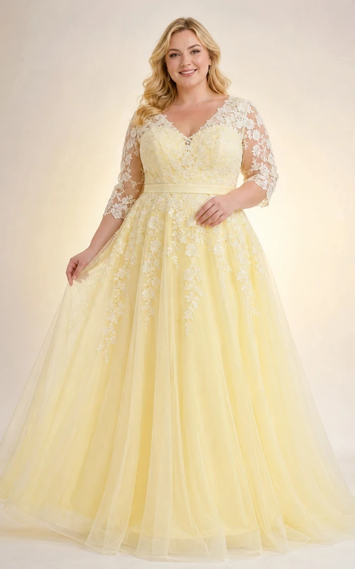 Yellow Plus Size Long Sleeve Lace Studio Bridal Gown