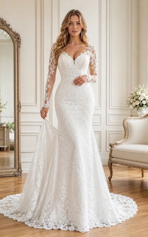 Vestido de novia de sirena de encaje con mangas largas, listo para exhibición