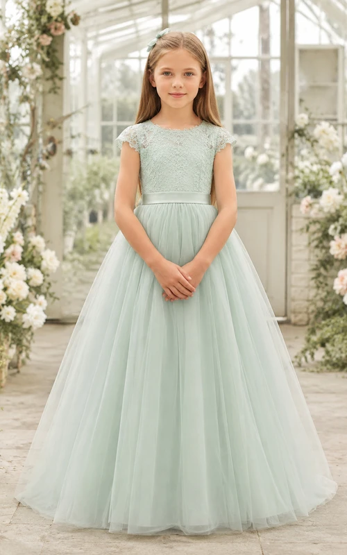 Robe de demoiselle d'honneur vert menthe en dentelle et tulle, coupe trapèze, col rond, longueur au sol