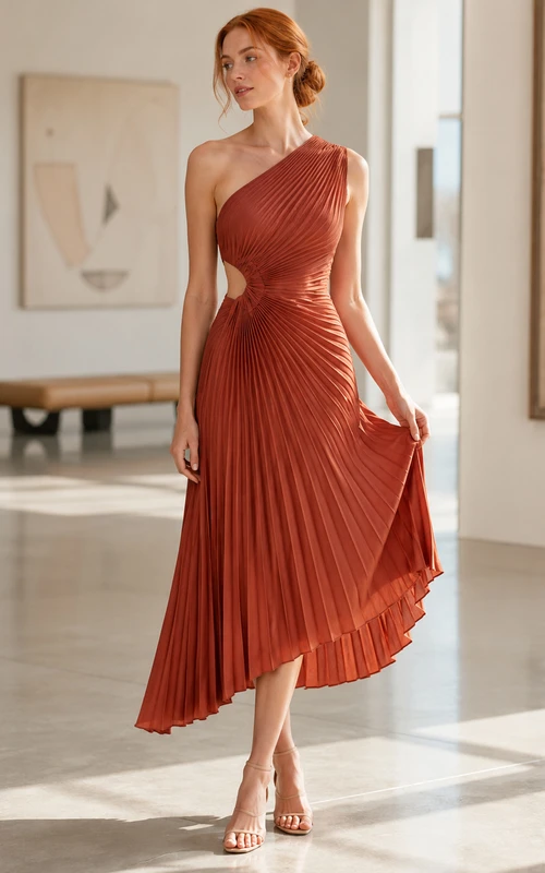 Robe midi asymétrique plissée rouille à une épaule dénudée