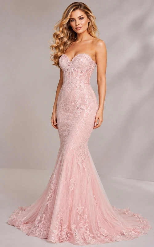 Mermaid Strapless Lace Sweep Train Luxury Formal Evening Gown