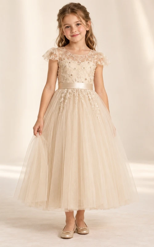 Ankle-length Champagne Floral A-line Tulle Cap-sleeve Illusion-Neck Sashed Flower Girl Dress