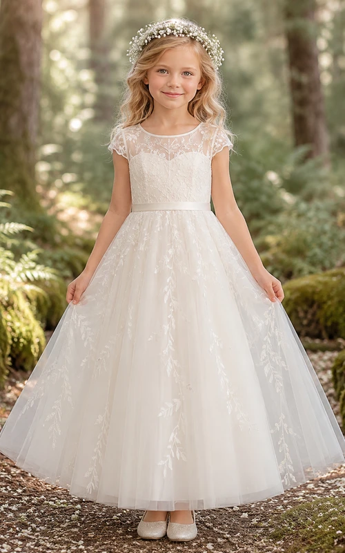 A-Linien-Blumenmädchenkleid aus Spitze und Tüll, bodenlang, mit kurzen Ärmeln, Waldhochzeitskleid