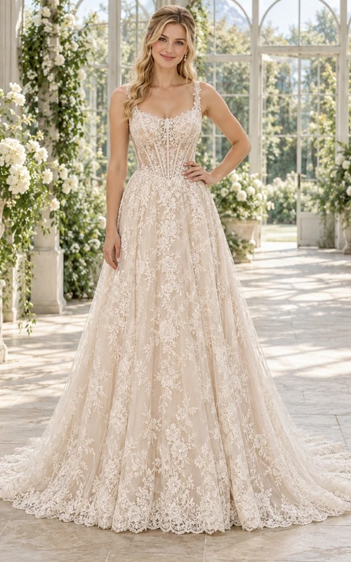 Robe de mariée vintage à bretelles fleuries, corset, entièrement en dentelle, traîne chapelle