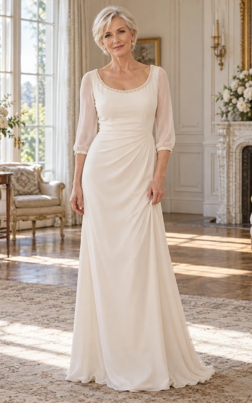 Vestido de novia minimalista de satén, largo hasta el suelo, con escote de perlas y mangas tres cuartos, ideal para una segunda boda.