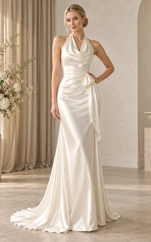 Simple Halter Cowl Draped Satin Sheath Train Wedding Dress