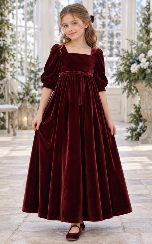Burgunderfarbenes Samtkleid für Blumenmädchen mit eckigem Ausschnitt, Empire-Ärmeln und Puffärmeln, knöchellang