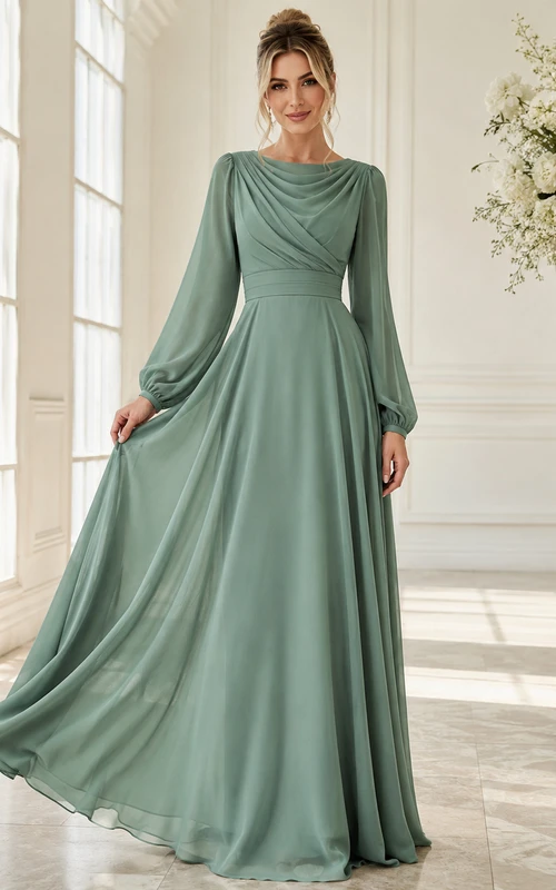 Vestido largo de gasa con mangas estilo poeta y corte en A, color verde salvia.